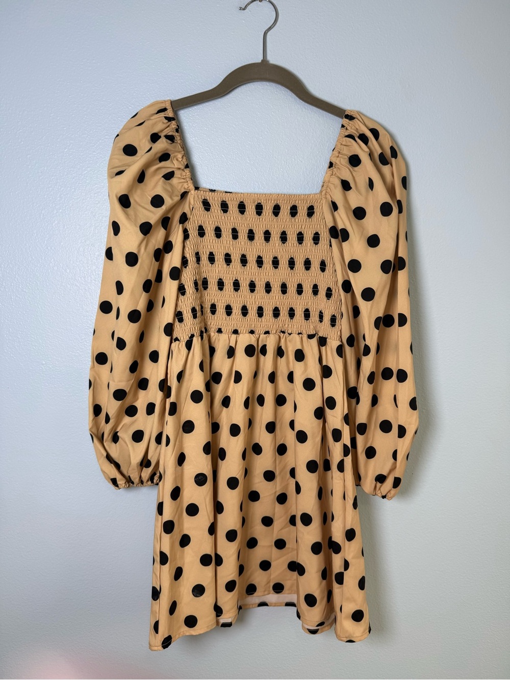 Beige Polka Dot Smocked Puff Sleeve Long Top or Mini Dress